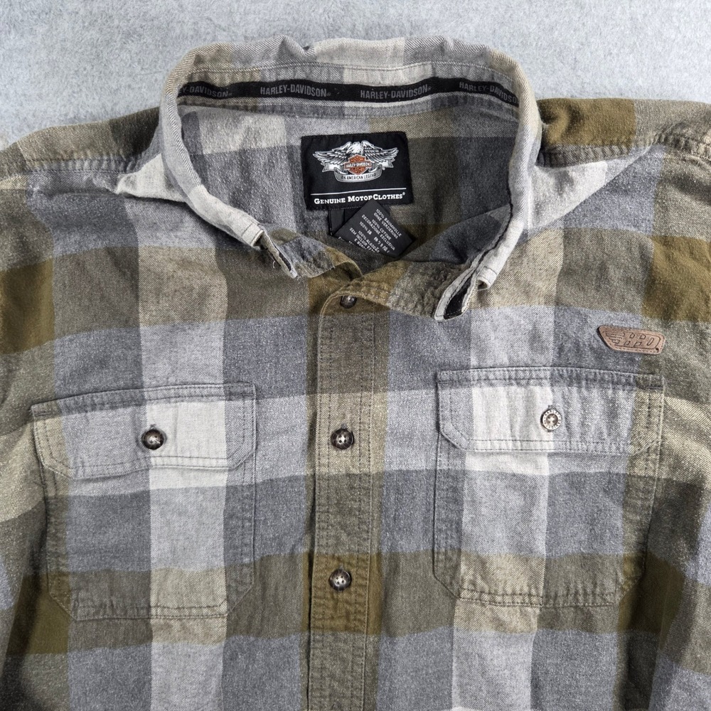 Harley-Davidson Flannel Shirt Mens 2XL Olive Grey Plaid Raw Hem Cropped Biker